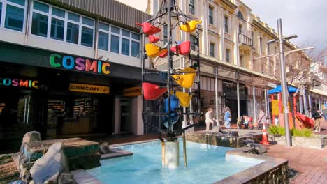 Street-view-of-iconic-Bucket-Fountain-with-shops-on-Cuba-Street-in-city-centre-of-Wellington,-New-Zealand-Aotearoa