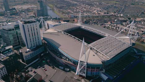 Cardiff-city-Millennium-stadium-aerial-view-circling-Welsh-city-centre-rugby-union-ground