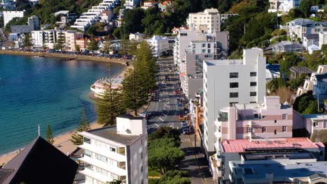 Aerial-view-of-popular-Oriental-Bay-with-traffic,-apartments-and-houses-overlooking-harbour-water-in-Wellington,-New-Zealand-Aotearoa