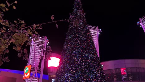 Los-Angeles-USA,-People-Skating-on-LA-Kings-Holiday-Ice-Ring-Around-Christmas-Tree-at-Night