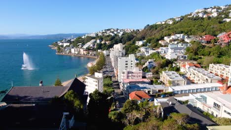 Aerial-view-overlooking-Oriental-Bay-with-houses-and-apartments-overlooking-harbour-and-water-fountain-in-Wellington,-New-Zealand-Aotearoa