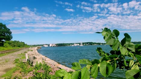 Walking-trail-along-Casco-Bay-in-Portland,-Maine-with-bushes