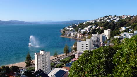 Scenic-elevated-view-overlooking-Oriental-Bay,-harbour-and-water-fountain-with-houses-perched-on-hillside-in-Wellington,-New-Zealand-Aotearoa