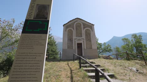 A-serene-view-of-the-chapel-at-Novalesa-Abbey,-located-in-the-picturesque-mountains-of-Turin,-Piedmont,-Italy