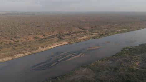 Absteigender-Drohnenblick-über-Einen-Großen-Fluss-Im-Krüger-Buschland