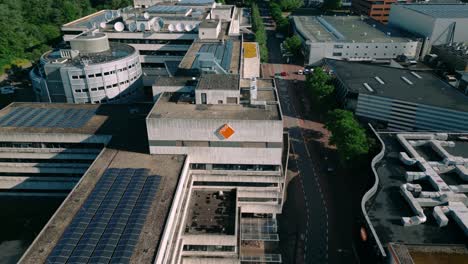 Aerial-footage-showcases-NPO-public-broadcaster's-concrete-architecture-at-Hilversum-Media-Park