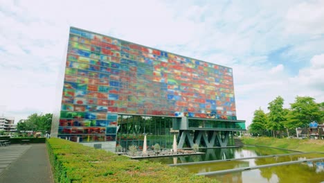 Footage-highlights-the-vibrant,-colorful-square-facade-of-the-Netherlands-Institute-for-Sound-and-Vision-at-Media-Park-in-Hilversum,-showcasing-its-unique-architectural-design