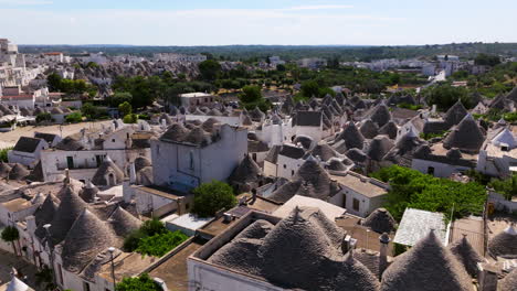 Aerial-View-Of-Trullo-Houses-In-Alberobello,-Apulia-Region,-Italy---Drone-Shot