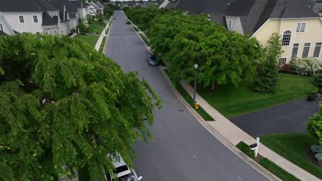 Driving-car-turning-into-driveway-of-luxury-villa-in-american-neighborhood