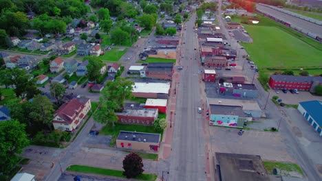 Beautiful-Sunset-Aerial-Over-Main-Street-in-Silvis,-Illinois---Charming-Small-Town-Americana-in-the-Heart-of-the-Midwest