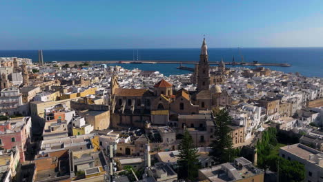 Vista-Aérea-De-La-Iglesia-Y-Los-Pueblos-En-El-Casco-Antiguo-De-Monopoli-Cerca-Del-Mar-Adriático-En-Apulia,-Italia