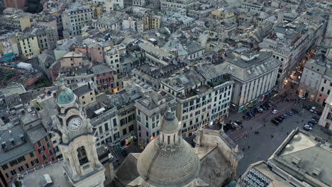 Church-tower-in-Genoa-between-Piazza-Matteotti-and-De-Ferrari,-aerial-view