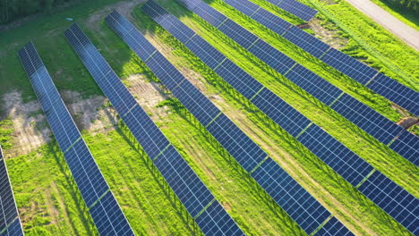 Reihen-Von-Solarmodulen-Auf-Einer-Grünen-Wiese-Von-Oben-Mit-Lebendigen-Farben-Während-Der-Goldenen-Stunde