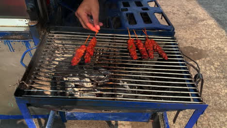 Cambodian-street-food-vendor-grilling-souvlaki,-tilting-shot