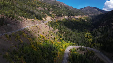 Paisaje-De-Colorado-Usa-En-La-Temporada-De-Otoño,-Disparo-De-Drones-Del-Paso-De-Montaña-Y-Follaje-De-árboles-Con-Sombras-De-Nubes