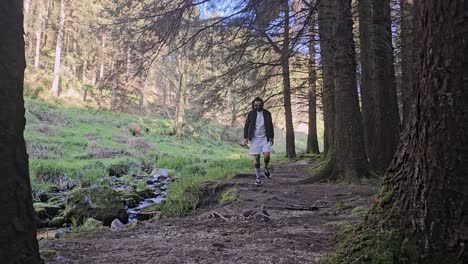 Abenteuer-Aktivität---Mann-Springt-Fluss-In-Einem-Wald-An-Einem-Sonnigen-Tag