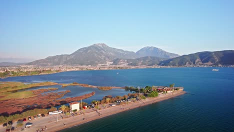 Drone-Flying-Over-Calis-Beach-and-Bird-Sanctuary-in-Fethiye,-Turkey