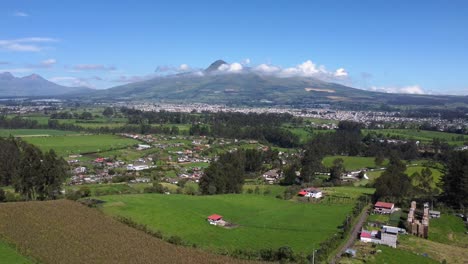 Aerial-drone-shot-of-guitig-neighborhood-of-canton-mejia-in-the-province-of-Pichincha,-Ecuador-with-view-on-El-corazón-volcano,-copy-space,-pedestal-shot