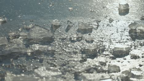 Eissplitter-Auf-Dem-Zugefrorenen-Teich-Werden-Von-Der-Tiefstehenden-Wintersonne-Beleuchtet-Und-Erzeugen-Einen-Tanzenden-Lichteffekt