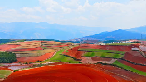 Overhead-aerial-view-of-the-beautiful-scenery-of-natural-terrace-rice-farming-fields-in-mountains-rural