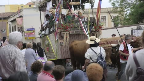 Ochsen-Ziehen-Karren-Mit-Menschen-Während-Der-Romería-De-La-Orotava-In-La-Orotava,-Teneriffa,-Spanien---Mittlere-Aufnahme