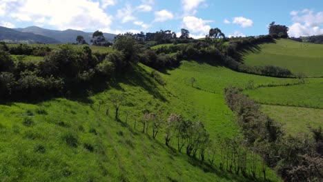 Green-and-sunny-hillside-at-the-foothills-of-the-Pasochoa-volcano-in-the-province-of-Pichincha,-Ecuador,-dolly-aerial-drone-flight