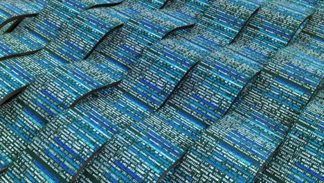 Futuristic-background-with-lines-of-code-for-a-modern-online-game.-Animation.-3D-wide-blue-stripes-with-changing-and-progressing-computer-code