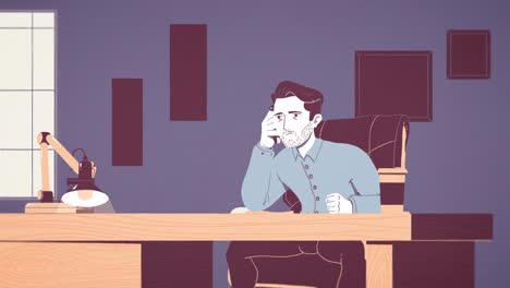 Animation-of-a-tired-and-stressed-businessman-working-at-a-workplace-in-office.-Animated-cartoon-of-a-young-exhausted-worker-under-pressure-with-ringing-phones-and-a-secretary-nearby