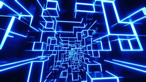 Flying-through-a-tunnel-of-blue-neon-cubes.-Infinitely-looped-animation