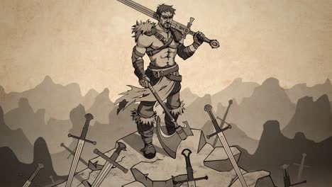 Abstract-cartoon-with-a-muscular-warrior-with-a-sword-and-medieval-axe-standing-on-the-ruins-of-defeated-enemies.-Stock-footage.-Animated-picture-of-a-male-fighter-after-the-battle