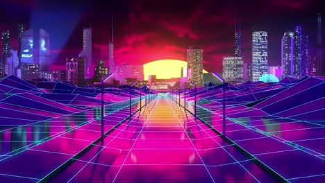 Visualisation-of-a-video-game-with-futuristic-visual-of-a-modern-city.-Stock-footage.-Neon-lights-of-the-road,-hills,-and-the-city-skyscrapers