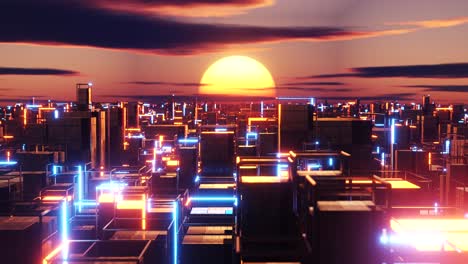 Bright-sun-shines-behind-a-city-filled-with-tall-buildings.-Infinitely-looped-animation