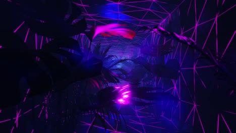 Purple-and-blue-neon-lights-in-a-dark-jungle-with-palm-trees.-Loop-animation