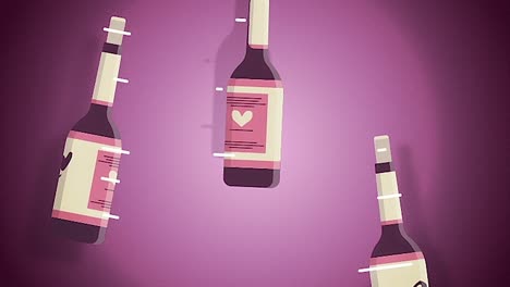 Cartoon-animation-of-the-funny-champagne-bottles-thrown-up-in-the-air-rotating-on-rose-background,-Saint-Valentines-day-concept.-Three-wine-bottles-with-hearts-on-lables-spinning-in-the-air