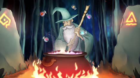 Wizards-and-magic.-Stock-footage.-Cartoon-animation-of-old-wizard-preparing-potions-in-cauldron.-Wizard-mixed-potions-in-cauldron-and-magic-bright-beam-shot-upward.