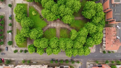 Green-park-with-pathways-in-Klaipeda,-aerial-top-down