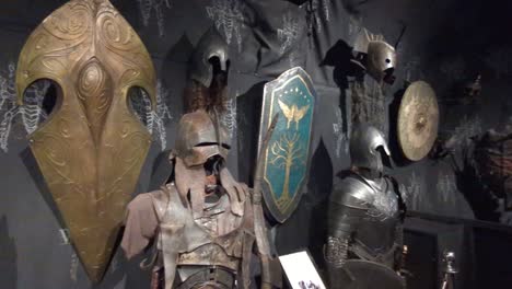 Film-artefacts,-costumes-and-models-within-Weta-Cave-museum-and-shop-located-in-Wellington,-New-Zealand-Aotearoa