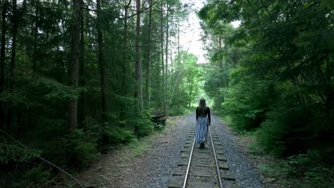 Lonely-girl-walks-along-the-tracks-in-the-forest