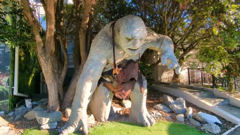 Close-up-of-troll-from-Lord-of-the-Rings-films-outside-of-Weta-Cave-and-Workshop-in-Wellington,-New-Zealand-Aotearoa