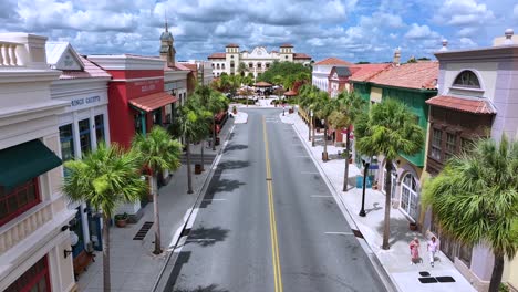 Aerial-of-Main-Street-flying-towards-Spanish-Springs-Town-Square-in-The-Villages,-Florida