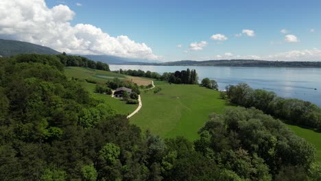 St.-Peterinsel-Switzerland-aerial-sideways-view-of-Klosterhotel