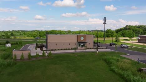 Cinematic-Establishing-Drone-Shot-Above-Starbucks-Coffee-Company-Retail-Store