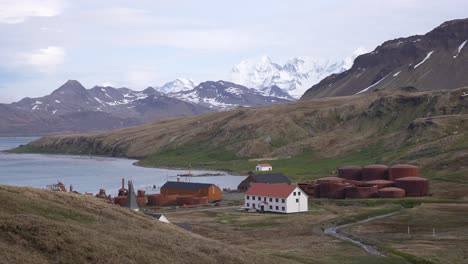 Antiguos-Edificios-Abandonados-De-La-Estación-Ballenera-De-Grytviken-Y-Tanques-De-Aceite-De-Ballena,-Isla-De-Georgia-Del-Sur