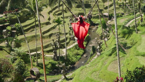 Vista-Posterior-De-Una-Mujer-Vestida-De-Rojo-Balanceándose-Hacia-Adelante-Y-Hacia-Atrás-Sobre-Los-Campos-De-Arroz-En-Alas-Harum-Bali,-Indonesia