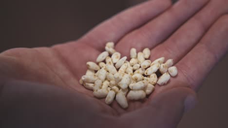 Close-up-of-a-hand-holding-a-small-handful-of-white-chocolate-coated-rice-puffs-in-the-Chocolate-Museum-in-Zagreb