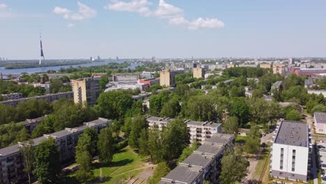 Soviet-built-apartment-buildings-in-Ryga-suburbs,-aerial-drone-view