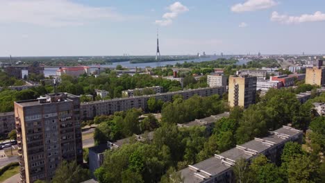 Ryga-TV-tower-from-Kengarags-district,-aerial-drone-view