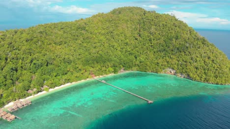 Aerial-view-of-the-lush,-forested-hills-and-turquoise-waters-of-Kri-Island-in-Raja-Ampat,-Indonesia,-with-a-long-pier-extending-into-the-sea