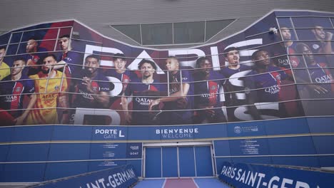 Entering-the-L-Gate-at-Parc-des-Princes-stadium-home-of-Paris-Saint-Germain-Football-team,-Dolly-in-shot