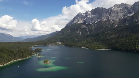 Eibsee-Bayern-Germany-aerial-smooth-flight-over-lake